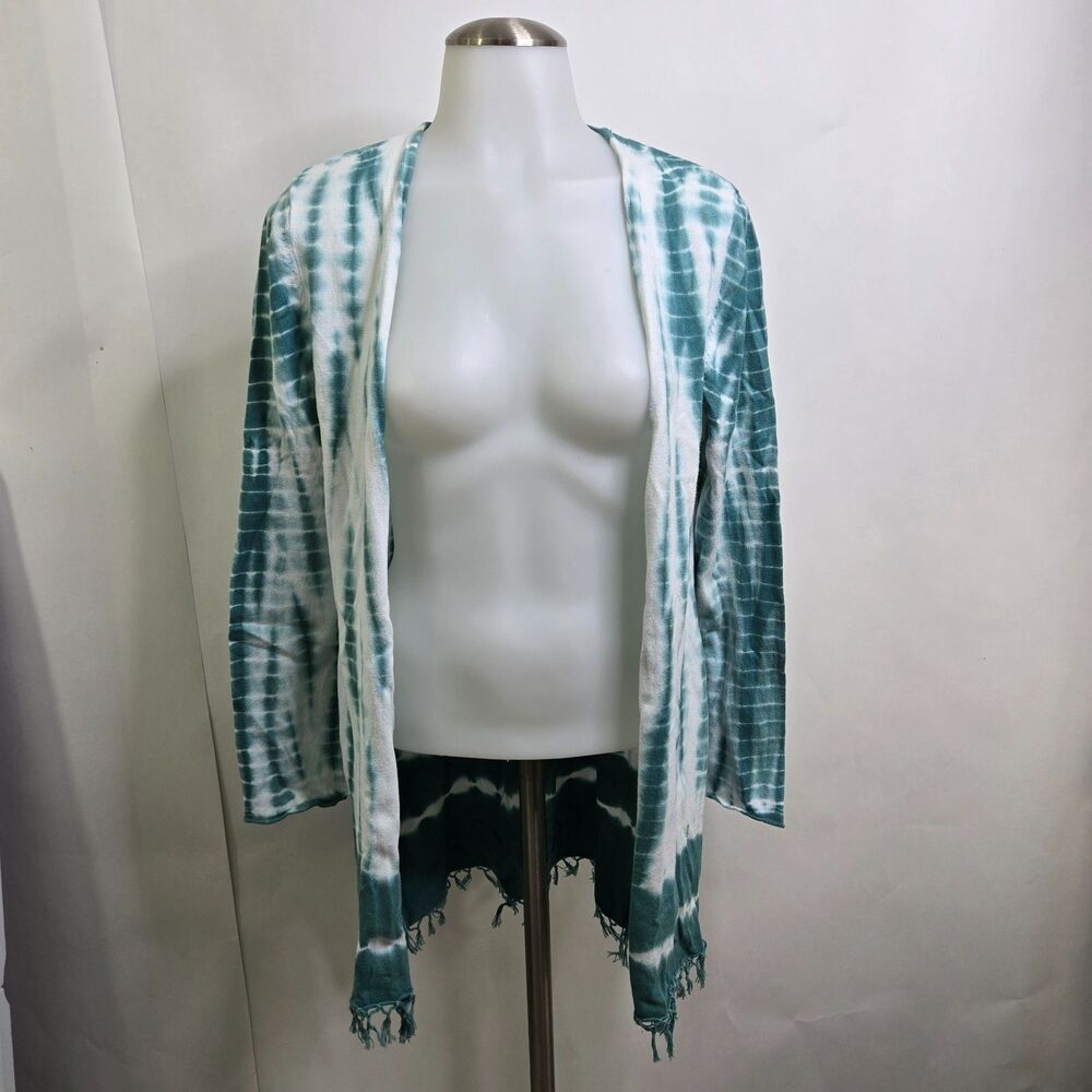 Soft Surroundings PS Petite Small Tie Dye Fringe Open Front Cardigan Knit Blue